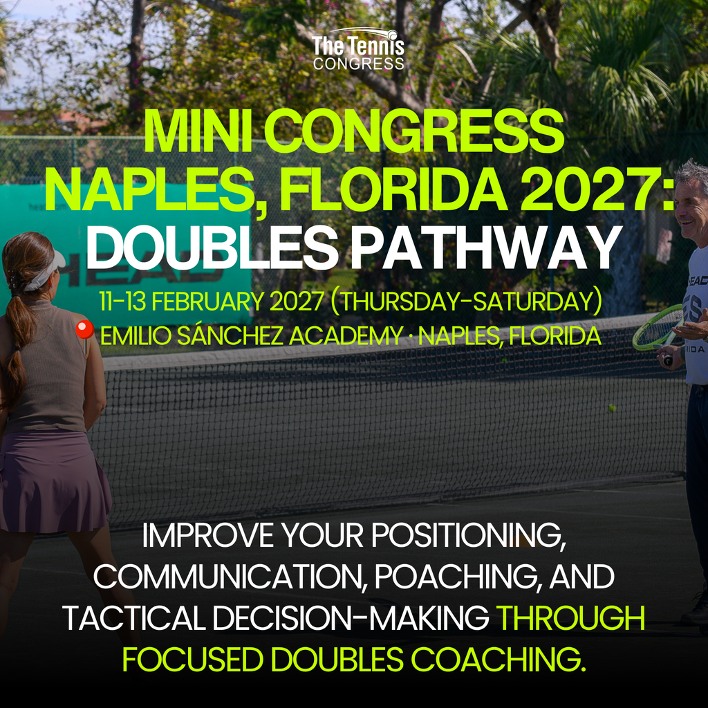 Promotional graphic for The Tennis Congress Mini Congress Naples, Florida 2027: Doubles Pathway, with bright yellow and white text over a tennis court scene showing players and a net.